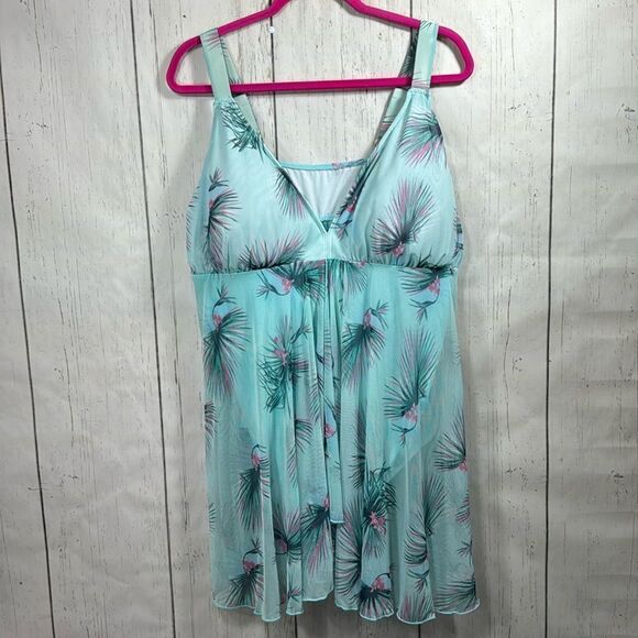 Fit 4 U Womens Plus Floral Print Mesh Splicing Blue Green One Piece Swimsuit - Picture 1 of 15